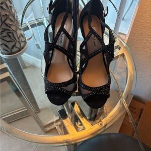 Nina Shoes Black Strappy Heels with Rhinestones